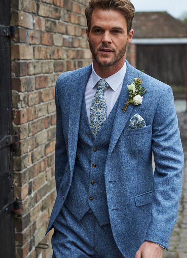 Brocton sky blue, slim fitting, lightweight tweed suit with optional matching waistcoat is a great choice for any wedding