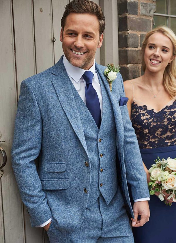 Tweed Wedding Suit Hire, Brocton sky blue, slim fitting, lightweight tweed suit with optional matching waistcoat is a great choice for any wedding