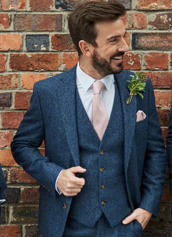 Tweed Wedding Suit Hire, Shrewsbury Tweed Suit Blue Herringbone slim fit, suit with optional matching waistcoat is a great choice for weddings