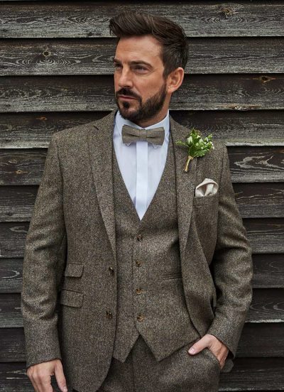 Tweed Wedding Suit Hire, The Tibberton rustic brown, slim fit, lightweight tweed suit with optional matching waistcoat is a great choice for weddings