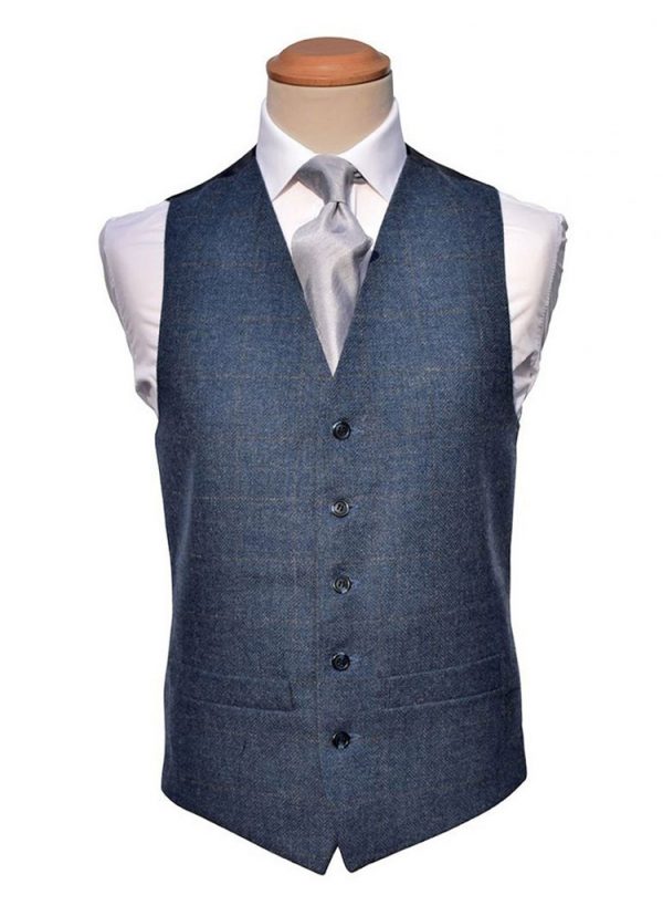 Our Hire Blue/Grey Tweed Check Waistcoats compliment Lounge Suits and Tailcoats perfectly.