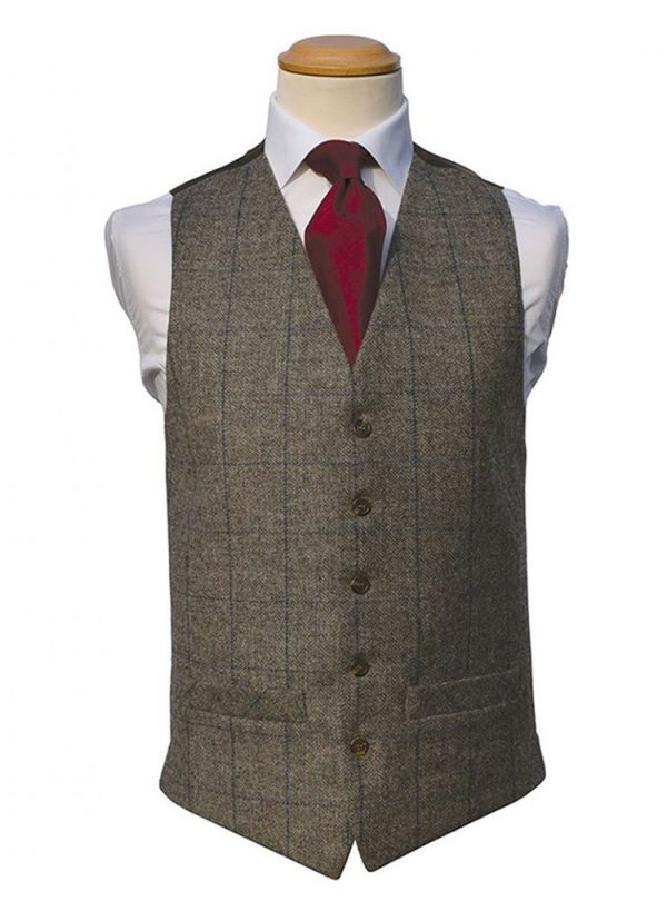 Our Hire Brown/Royal Tweed Check Waistcoats compliment Lounge Suits and Tailcoats perfectly.