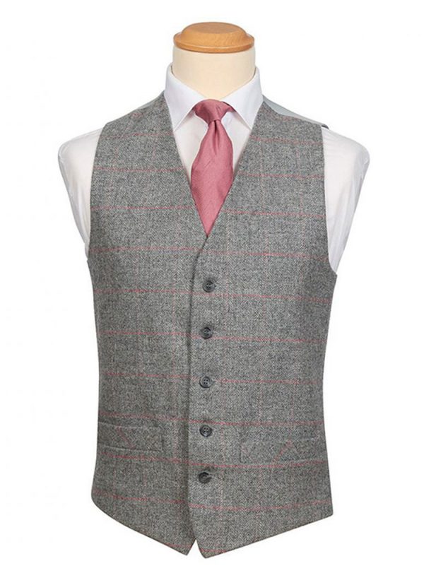 Our Hire Grey/Oink Tweed Check Waistcoats compliment Lounge Suits and Tailcoats perfectly.
