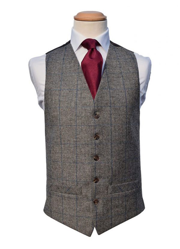 Our Hire Grey/Royal Tweed Check Waistcoats compliment Lounge Suits and Tailcoats perfectly.