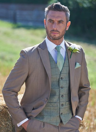 Our Hire Olive/Green Tweed Check Waistcoats compliment Lounge Suits and Tailcoats perfectly.