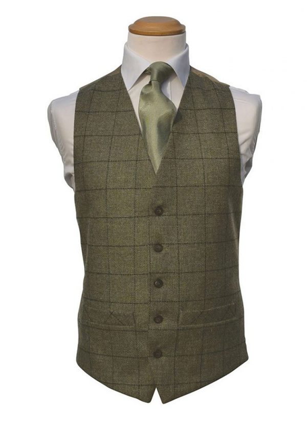 Our Hire Olive/Green Tweed Check Waistcoats compliment Lounge Suits and Tailcoats perfectly.